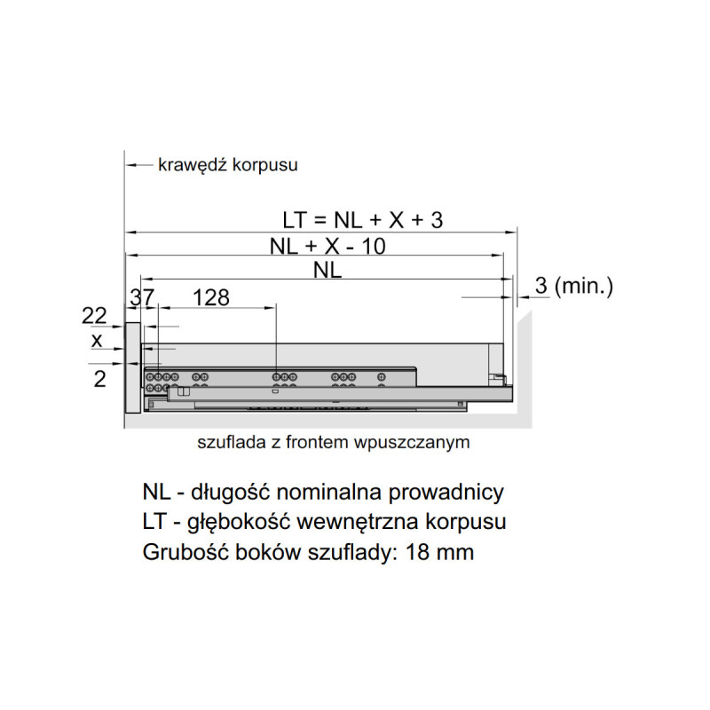 Rozměry zásuvky DXS-3D s vloženým čelem Rozměry zásuvky DXS-3D s vloženým čelem