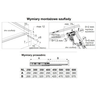 Rozměry výsuvů DXS-3D pro spodní montáž / Rozměry pro instalaci zásuvek Rozměry výsuvů DXS-3D pro spodní montáž / Rozměry pro instalaci zásuvek